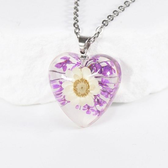 Picture of Stainless Steel Handmade Resin Jewelry Real Flower Pendant Necklace Silver Tone Transparent Clear Heart Flower 45cm(17 6/8") long, 1 Piece