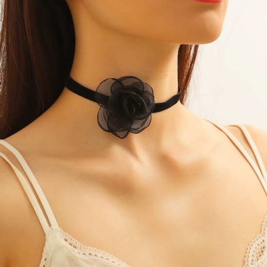 Picture of Gauze Retro Choker Necklace Black Flower 30cm(11 6/8") long, 1 Piece