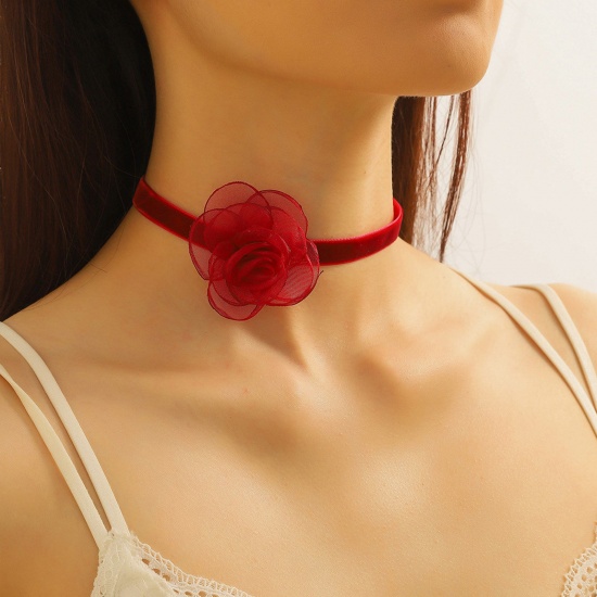 Picture of Gauze Retro Choker Necklace Wine Red Flower 30cm(11 6/8") long, 1 Piece