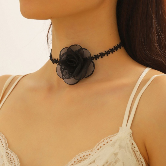 Picture of Gauze Retro Choker Necklace Black Flower 30cm(11 6/8") long, 1 Piece