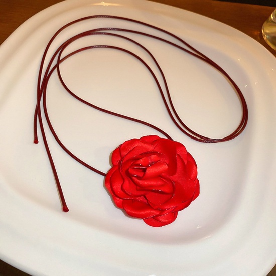 Immagine di Velluto di Cotone Elegante Dichiarazione Collana Fiore Rosso 110cm Lunghezza, 1 Pz