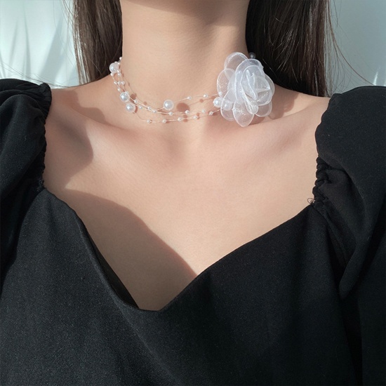 Picture of Gauze Wedding Choker Necklace White Flower 33cm(13") long, 1 Piece