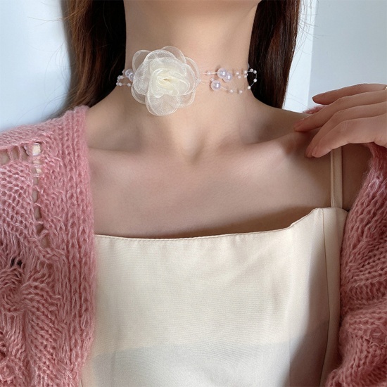 Picture of Gauze Wedding Choker Necklace Creamy-White Flower 33cm(13") long, 1 Piece