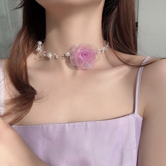 Picture of Gauze Wedding Choker Necklace Purple Flower 33cm(13") long, 1 Piece