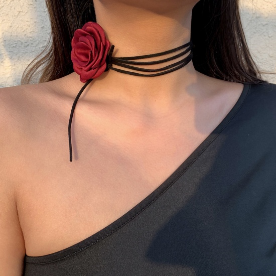 Picture of Velvet Stylish Statement Necklace Flower Wine Red 145cm long, 1 Piece