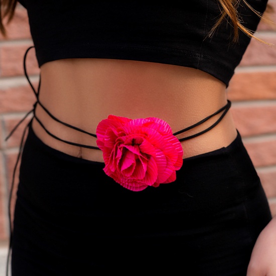 Picture of Velvet Stylish Body Waist Belly Chain Necklace Cord Flower Fuchsia 200cm long, 1 Piece