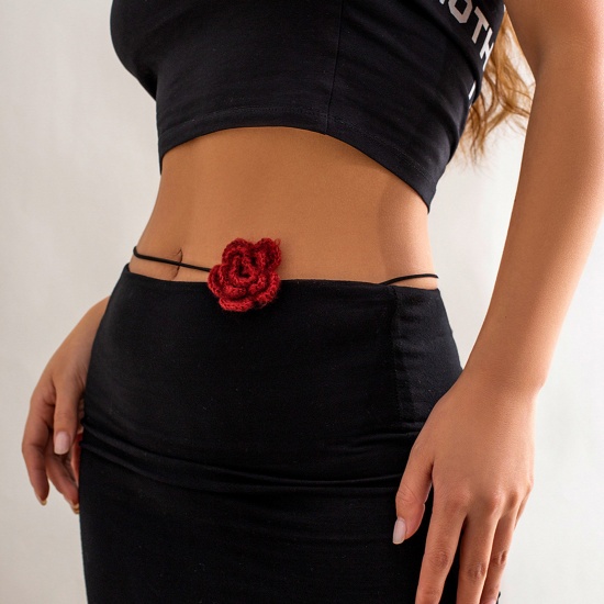 Imagen de Pana Elegante Collar de Cadena del Vientre de la Cintura del Cuerpo Cordón Flor Color de Vino Tinto 80cm longitud, 1 Unidad