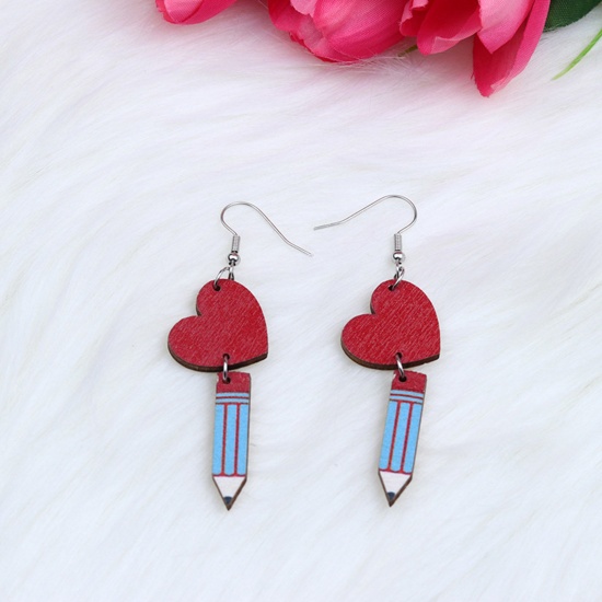 Picture of Natural Wood College Jewelry Earrings Silver Tone Blue Pencil Heart 6.7cm x 1.8cm, 1 Pair