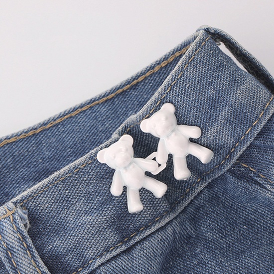 Picture of Cute Detachable Tighten Waist Clasp Button Pins For Jean Pants Bear Animal White Painted 4.2cm x 2.6cm, 1 Pair