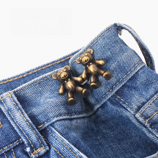 Picture of Cute Detachable Tighten Waist Clasp Button Pins For Jean Pants Bear Animal Antique Bronze Painted 3.4cm x 2.2cm, 1 Pair