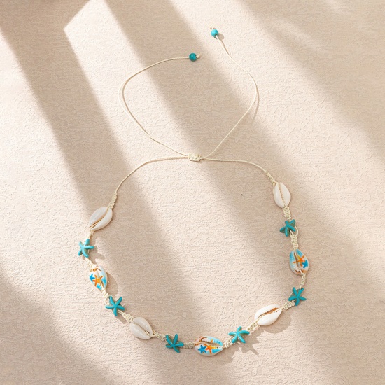 Picture of Shell Ocean Jewelry Braided String Cord Necklace White & Blue Star Fish 76cm(29 7/8") long, 1 Piece