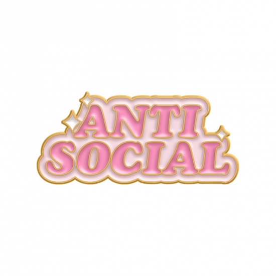 Picture of Simple Pin Brooches Message " Anti Social " Pink Enamel 3cm x 1.5cm, 1 Piece