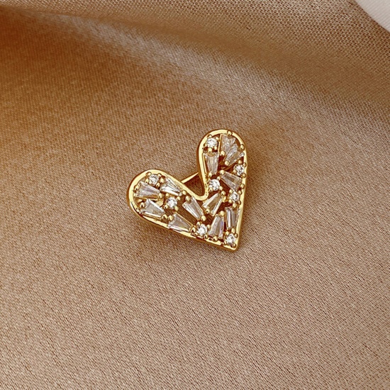 Picture of Stylish Pin Brooches Heart Gold Plated Clear Rhinestone 2cm x 1.7cm, 1 Piece