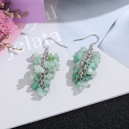 Picture of Stone Boho Chic Bohemia Earrings Silver Tone Light Green Chip Beads 5cm, 1 Pair