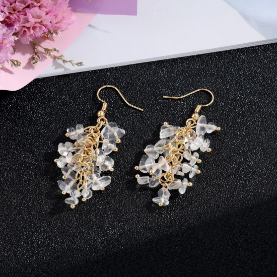 Picture of Stone Boho Chic Bohemia Earrings Gold Plated Transparent Clear Chip Beads 5cm, 1 Pair