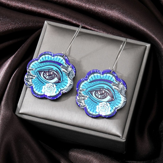 Picture of Acrylic Boho Chic Bohemia Earrings Silver Tone Blue Flower Eye 6.5cm, 1 Pair