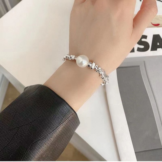 Picture of Stylish Dainty Bracelets Delicate Bracelets Beaded Bracelet Silver Plated Imitation Pearl 16cm(6 2/8") long, 1 Piece