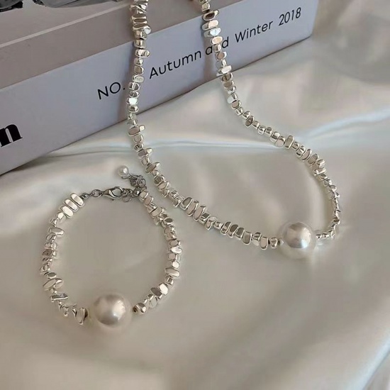 Immagine di Elegante Bracciali Collana Gioielli Argento Placcato Scheggia di Perle Imitata Perla 40cm, 1 Serie
