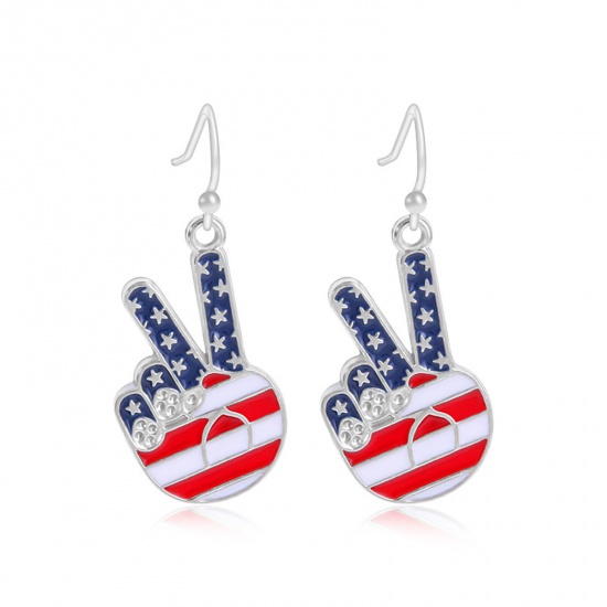 Picture of American Independence Day Ear Wire Hook Earrings Silver Tone Multicolor Hand Sign Gesture Flag Of The United States Enamel 2.5cm x 1.4cm, 1 Pair
