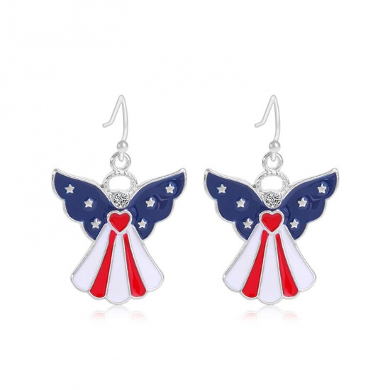 Picture of American Independence Day Ear Wire Hook Earrings Silver Tone Multicolor Angel Flag Of The United States Enamel 2.6cm x 2.3cm, 1 Pair