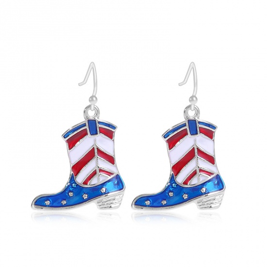 Picture of American Independence Day Ear Wire Hook Earrings Silver Tone Multicolor Boots Flag Of The United States Enamel 2.8cm x 2.5cm, 1 Pair