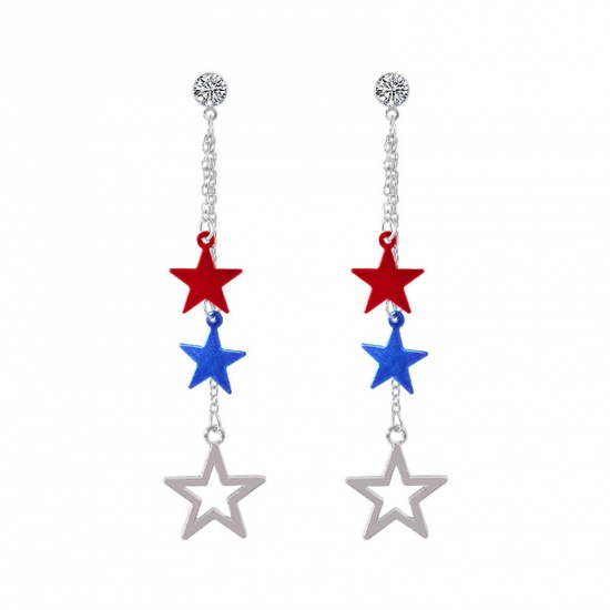 Picture of American Independence Day Earrings Silver Tone Multicolor Tassel Pentagram Star 7.5cm x 1.9cm, 1 Pair