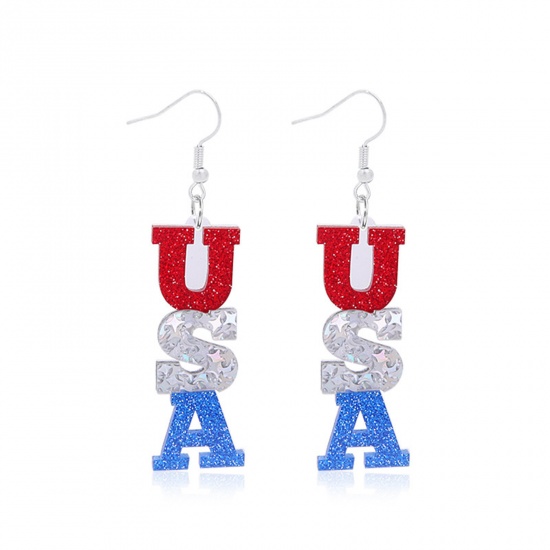 Picture of American Independence Day Ear Wire Hook Earrings Silver Tone Multicolor Message " USA " Glitter 4.8cm x 1.7cm, 1 Pair