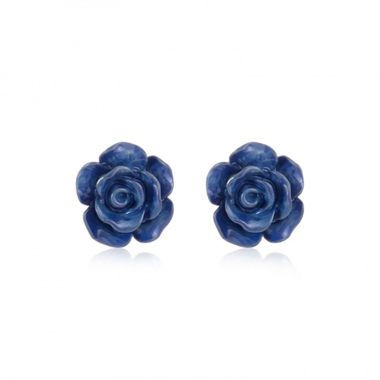 Picture of American Independence Day Ear Post Stud Earrings Blue Flower Enamel 12mm Dia., 1 Pair