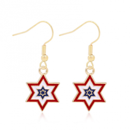 Picture of American Independence Day Ear Wire Hook Earrings Gold Plated Multicolor Star Of David Hexagram Enamel 1.8cm x 1cm, 1 Pair