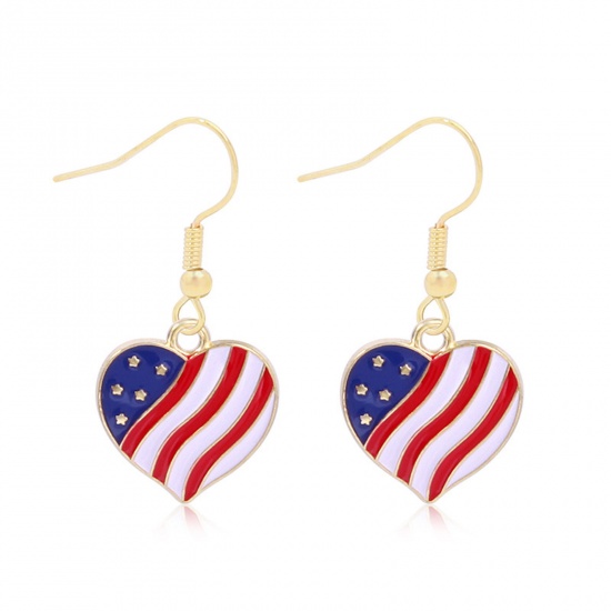 Picture of American Independence Day Ear Wire Hook Earrings Gold Plated Multicolor Heart Flag Of The United States Enamel 17mm x 17mm, 1 Pair