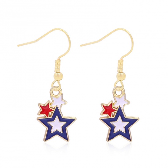 Picture of American Independence Day Ear Wire Hook Earrings Gold Plated Multicolor Pentagram Star Enamel 17mm x 12mm, 1 Pair