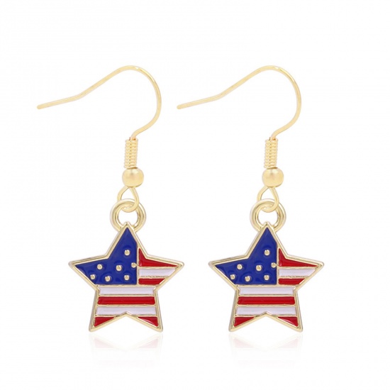 Picture of American Independence Day Ear Wire Hook Earrings Gold Plated Multicolor Pentagram Star Flag Of The United States Enamel 1.8cm x 1.5cm, 1 Pair