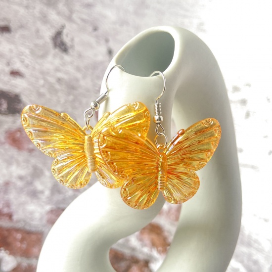 Picture of Resin Insect Earrings Silver Tone Yellow Butterfly Animal Gradient Color 4.5cm x 1.4cm, 1 Pair
