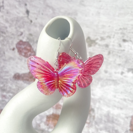 Picture of Resin Insect Earrings Silver Tone Dark Pink Butterfly Animal Gradient Color 4.5cm x 1.4cm, 1 Pair