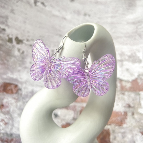 Picture of Resin Insect Earrings Silver Tone Mauve Butterfly Animal Gradient Color 4.5cm x 1.4cm, 1 Pair