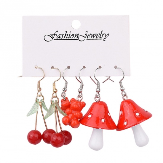 Bild von Acryl Y2K Ohrringe Silberton Roter Kirschfruchtbär 3cm-6cm, 1 Set (3 Paare/Set)