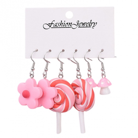 Bild von Acryl Y2K Ohrringe Silberfarben Rosa Blumen Lollipop 3cm-6cm, 1 Set (3 Paare/Set)