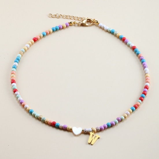 Picture of Shell Boho Chic Bohemia Beaded Necklace Gold Plated Multicolor Initial Alphabet/ Capital Letter " W " Imitation Turquoise 38cm(15") long, 1 Piece