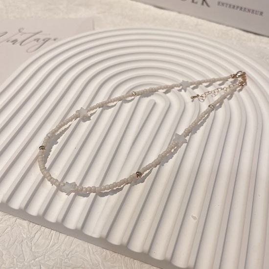 Bild von Acryl Böhmischer Stil Perlenkette Grauweiß Pentagramm Stern Imitat Muschel 40cm lang, 1 Strang