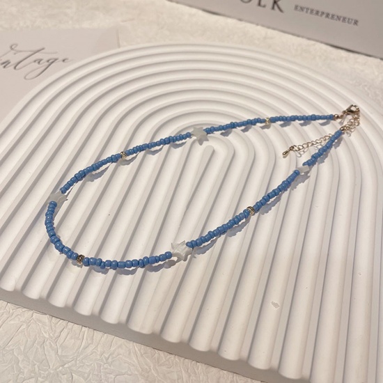 Bild von Acryl Böhmischer Stil Perlenkette Blau Pentagramm Stern Imitat Muschel 40cm lang, 1 Strang