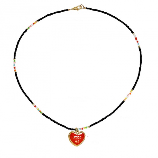 Picture of Glass Y2K Pendant Necklace Black Heart Message " KISS ME " 42cm(16 4/8") long, 1 Piece