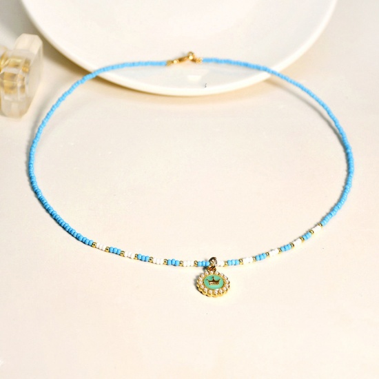 Image de Collier à Pendentif Y2K en Verre Bleu Ciel Rond Couronnes Imitation Perles 40cm long, 1 Pièce
