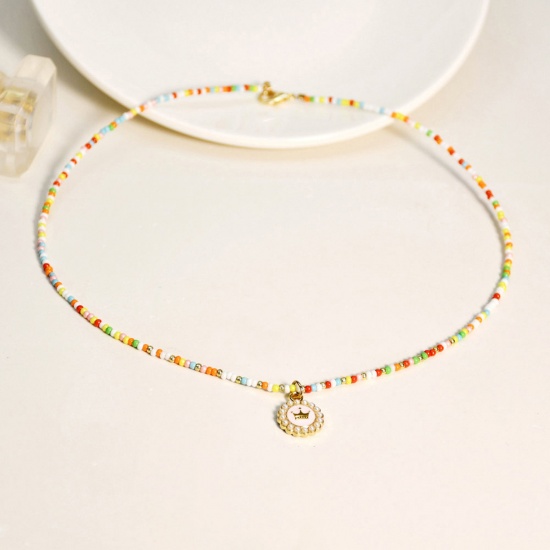 Image de Collier à Pendentif Y2K en Verre Multicolore Rond Couronnes Imitation Perles 40cm long, 1 Pièce
