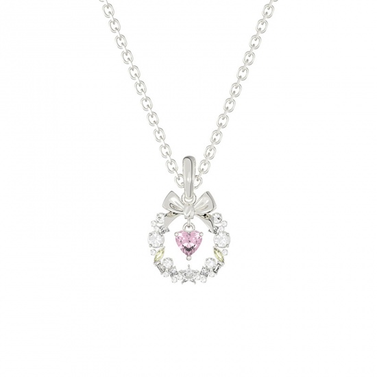 Picture of Stainless Steel Y2K Pendant Necklace Platinum Plated Bowknot Wreath Pink Cubic Zirconia 40cm(15 6/8") long, 1 Piece