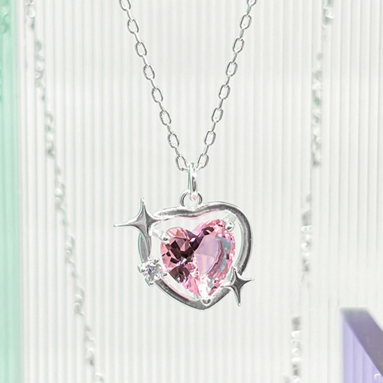 Picture of Copper Y2K Pendant Necklace Platinum Plated Heart Star Pink Cubic Zirconia 40cm(15 6/8") long, 1 Piece