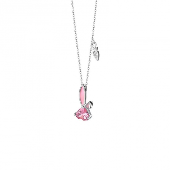 Picture of Stainless Steel Y2K Pendant Necklace Platinum Plated Rabbit Animal Pink Cubic Zirconia 40cm(15 6/8") long, 1 Piece
