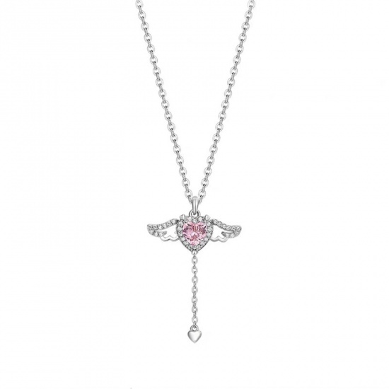 Picture of Copper Y2K Pendant Necklace Platinum Plated Wing Heart Pink Cubic Zirconia 40cm(15 6/8") long, 1 Piece