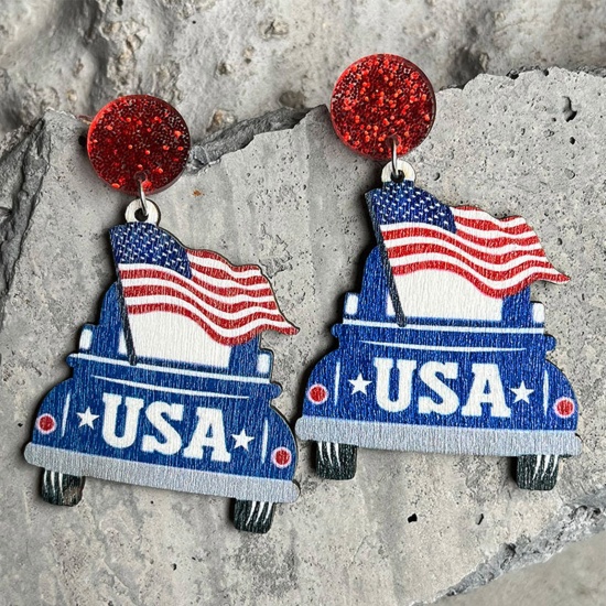 Picture of Wood American Independence Day Earrings Multicolor Car Flag Of The United States Message " USA " 6cm, 1 Pair