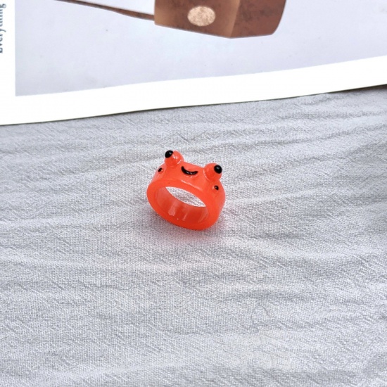 Picture of Resin Cute Unadjustable Rings Red Glow In The Dark Luminous Frog Animal 17mm(US Size 6.5), 1 Piece