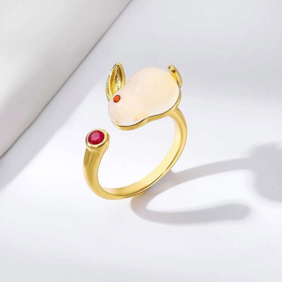 Picture of Cute Unadjustable Rings Gold Plated Rabbit Animal Red Cubic Zirconia 17mm(US Size 6.5), 1 Piece